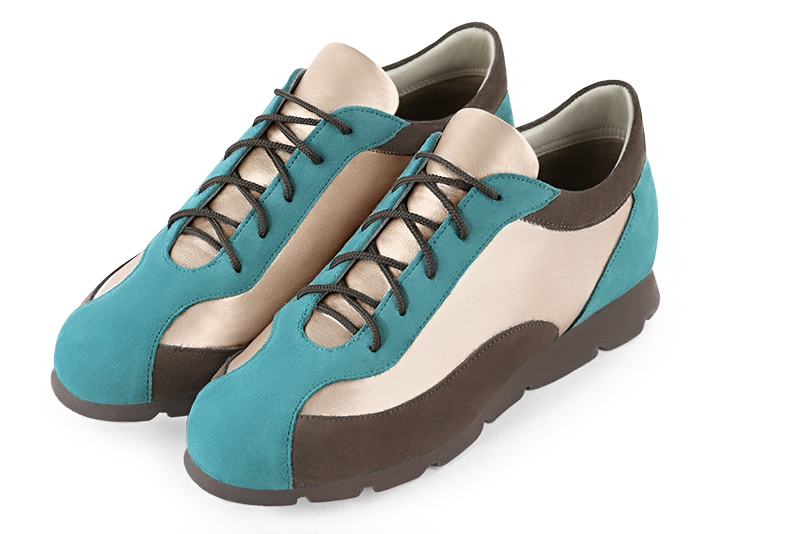 Aquamarine blue, gold and chocolate brown women's three-tone elegant sneakers. Round toe. Flat rubber soles. Front view - Florence KOOIJMAN